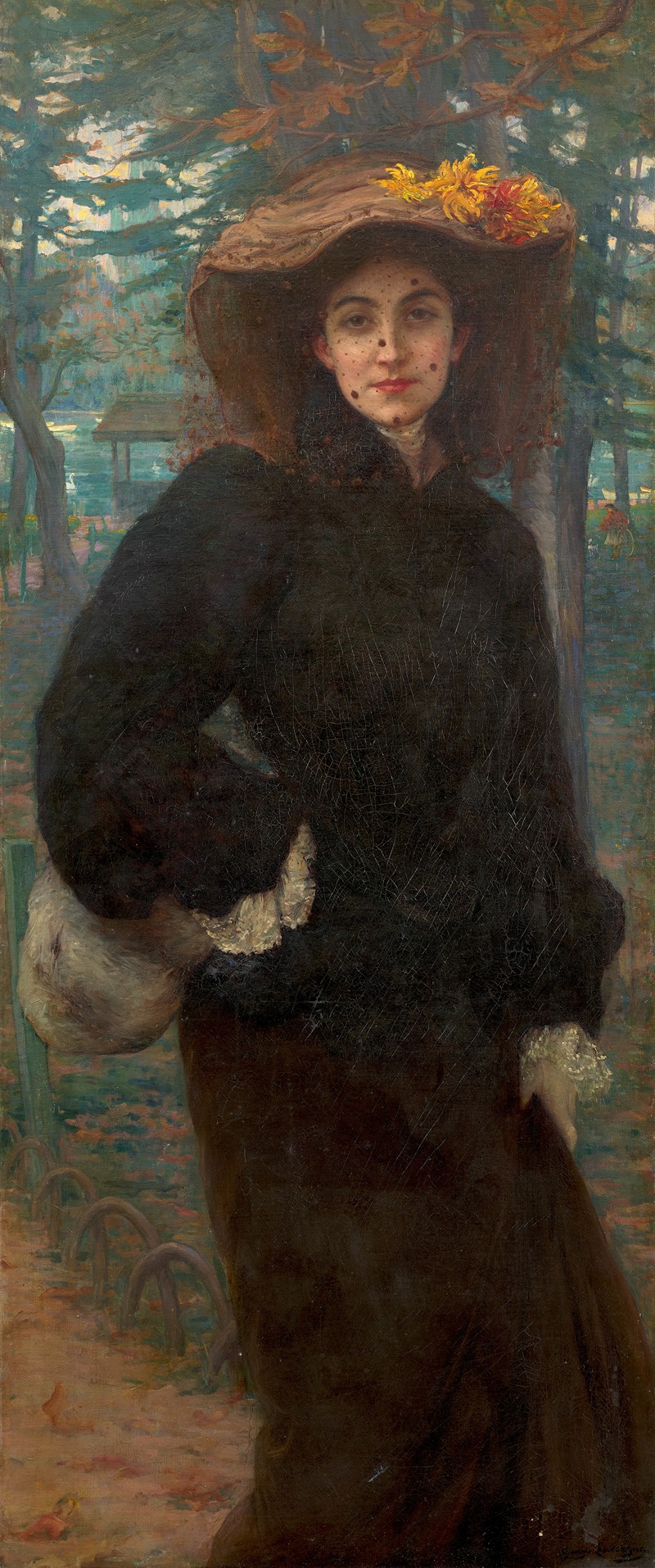 Georges-Auguste Elie Lavergne - Portrait of woman in black with hat decorated with yellow flowers