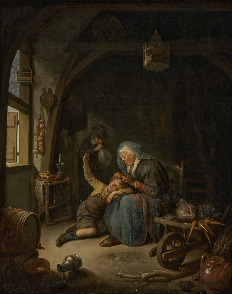 Gerrit Dou - A cottage interior with an old woman (‘Rembrandt’s Mother’) delousing a boy’s hair