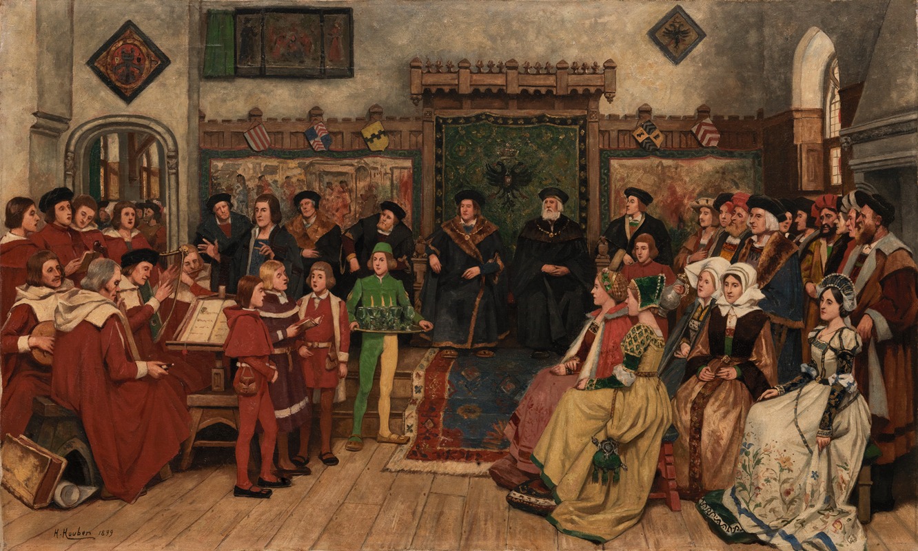 Henri Houben - De toonzetter Benedictus des Hertogen met stadsspeellieden en zangers voor de nieuwe Magistraat