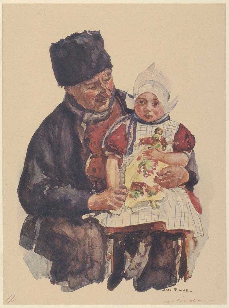 Jan Frederik Rinke - Een Volendammer visser met een meisje met een pop op zijn schoot, beiden in Volendammer dracht.