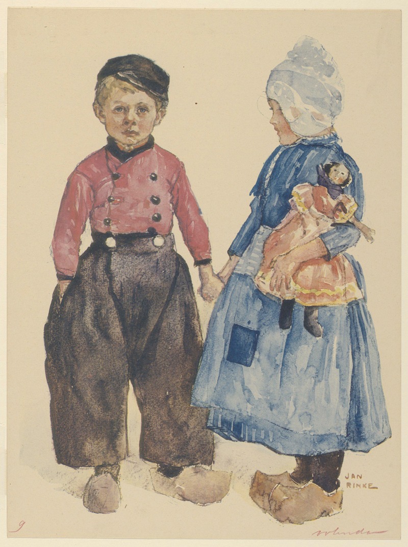 Jan Frederik Rinke - Twee kinderen in Volendammer dracht, links een jongetje, rechts een meisje, met een pop in haar arm.