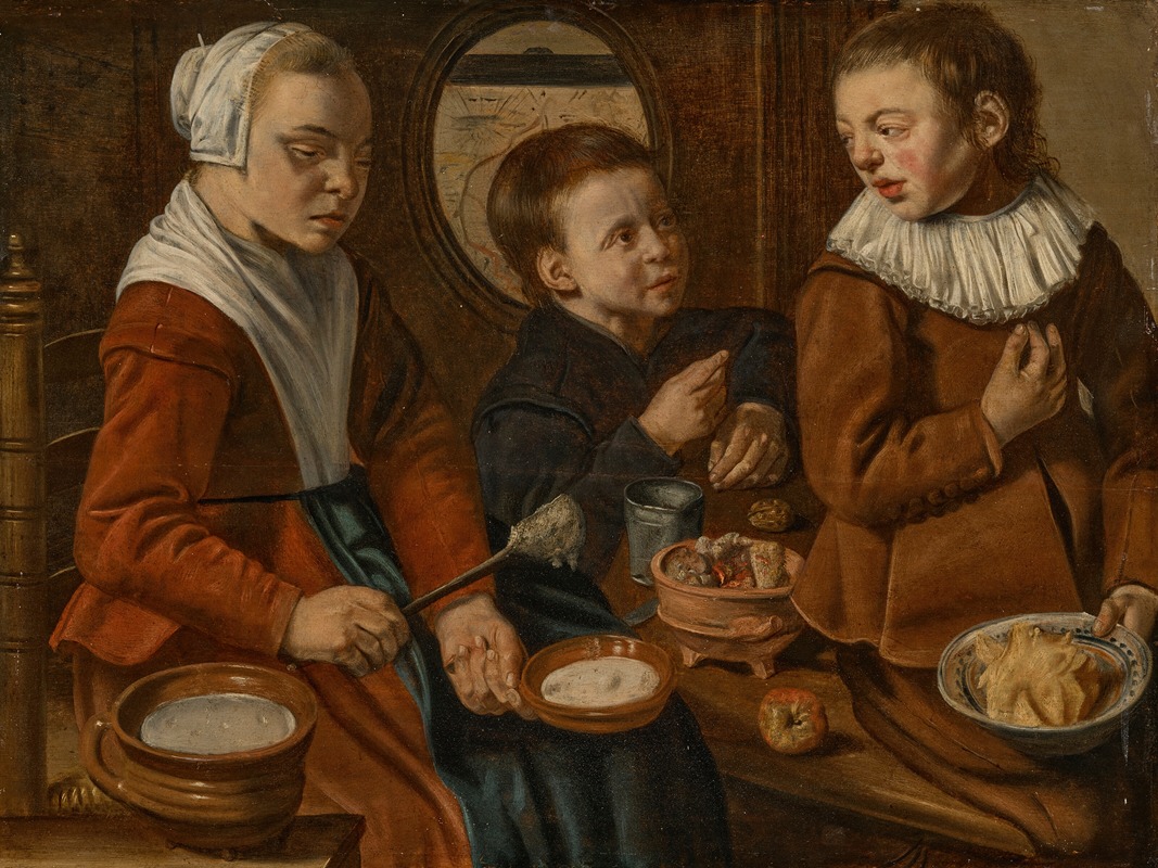 Jan Woutersz Stap - Three children in a kitchen interior