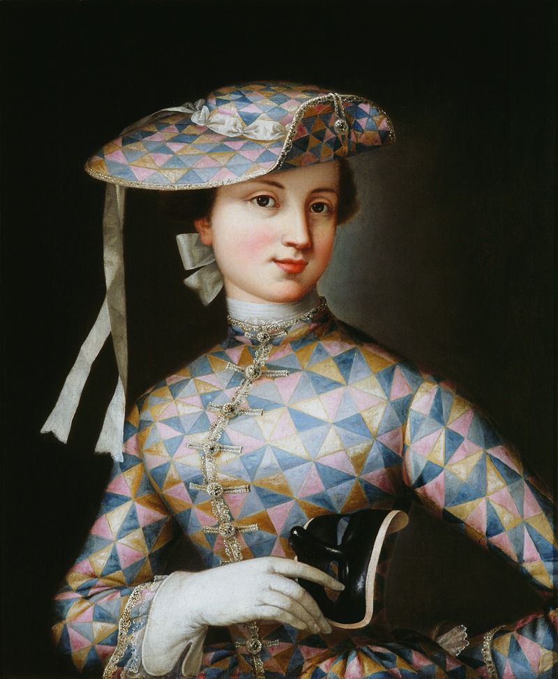Jean-Antoine Watteau - Portret van een dame met harlekijn