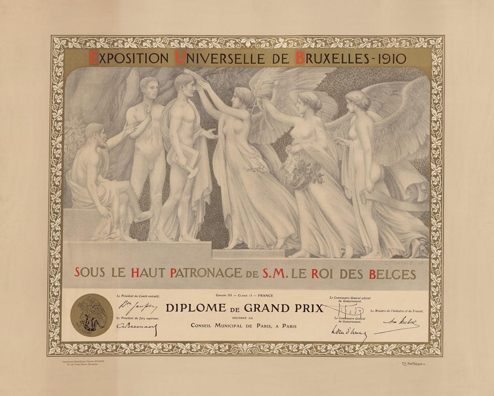 Constant Montald - Exposition universelle de Bruxelles 1910 Sous le haut patronage de S. M. le roi des Belges Diplôme de grand prix déc