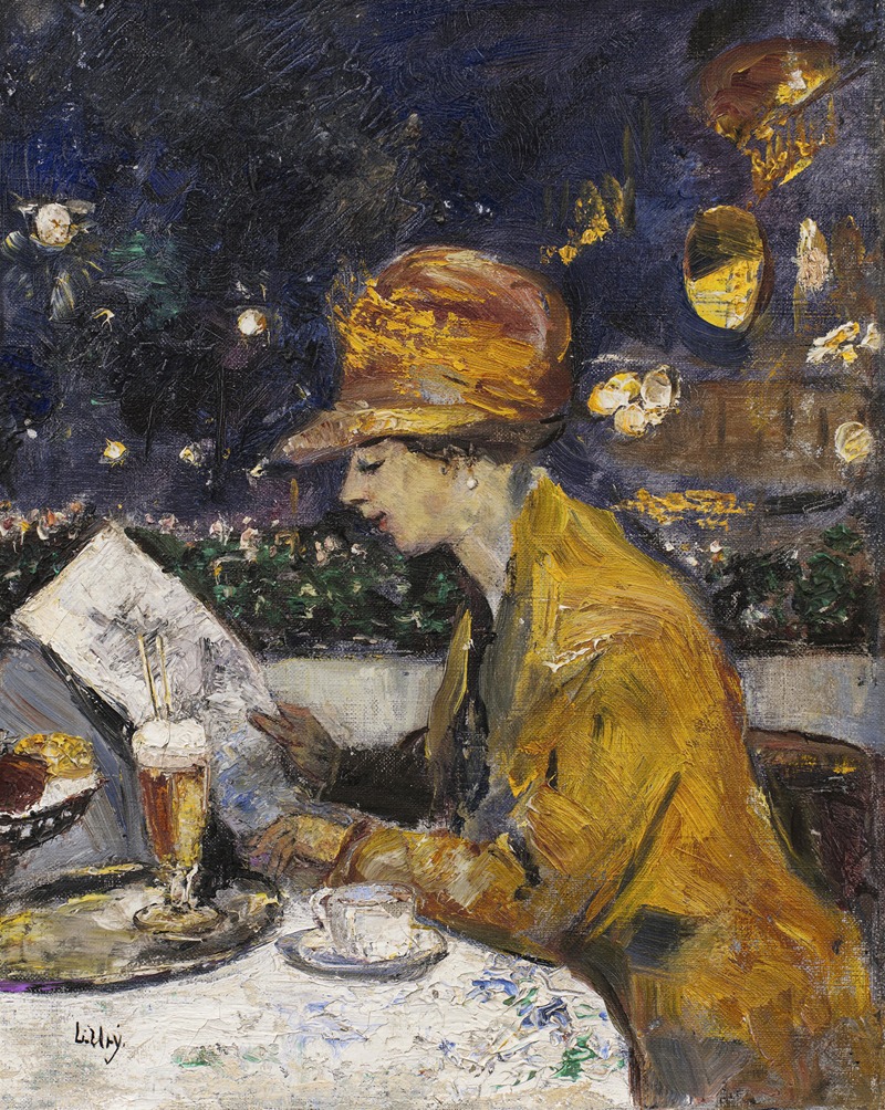 Lesser Ury - Dame im gelben Kleid im Café (Café Bauer)