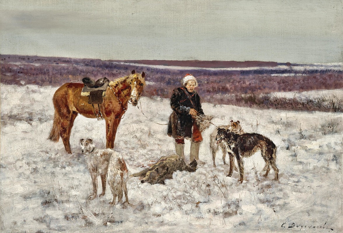 Sergei Semenovich Voroshilov - Hunter with a Slain Wolf in a Vast Winter Landscape