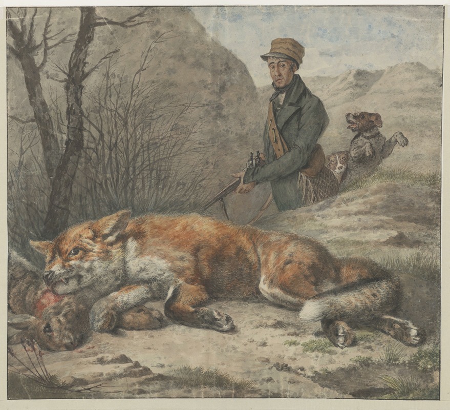 Wybrand Hendriks - Jan Christiaan Springer, waard van ‘Het Rechthuis’ te Overveen, bij een geschoten vos op het terrein van de buitenplaats ‘Jachtlust’ te Santpoort.