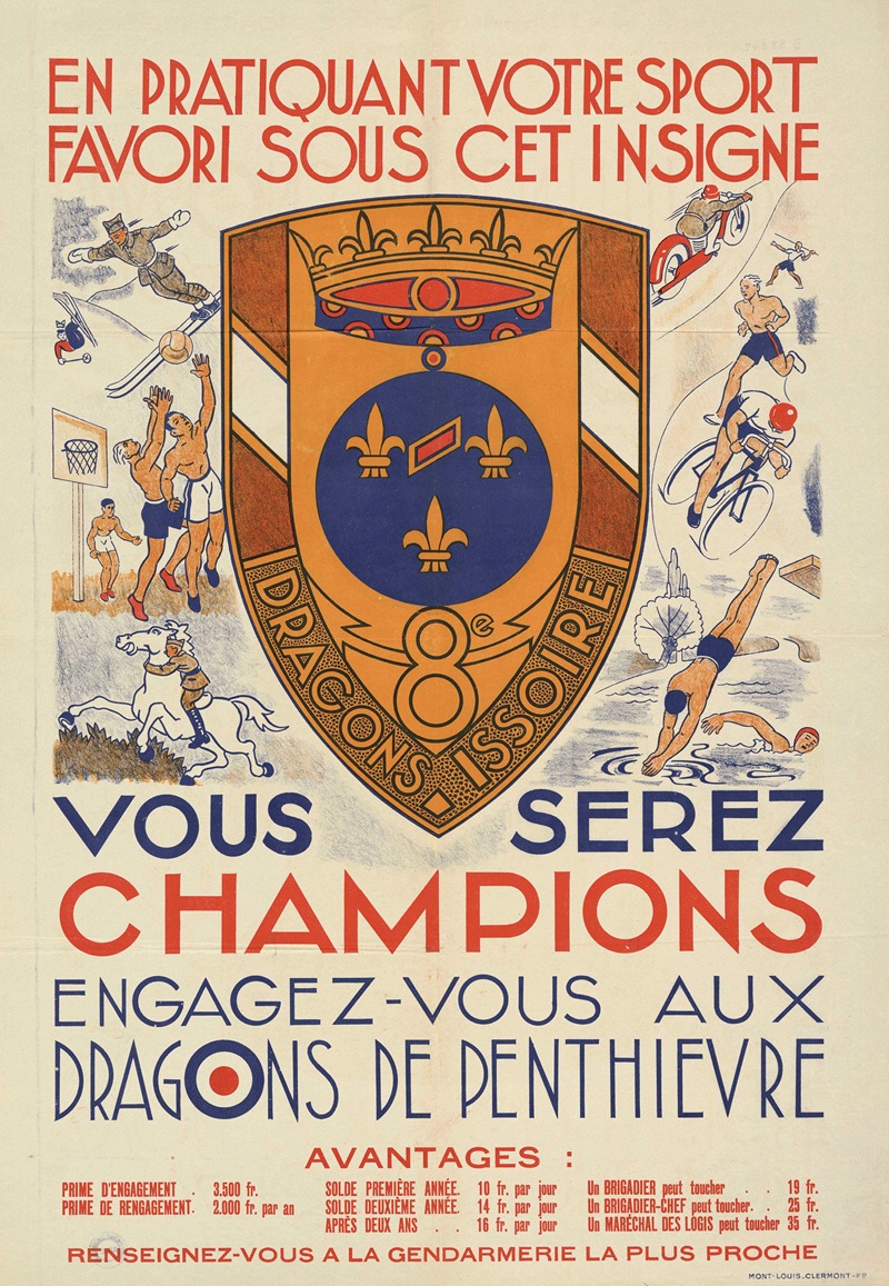 Imp. Mont-Louis - Affiche De Recrutement De L’armée De Vichy – 8e Dragons