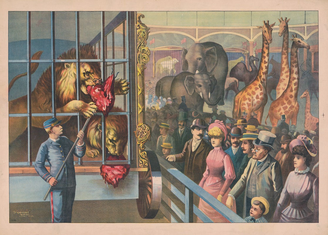 Calvert Litho. Co - An animal keeper feeding raw meat to lions in a circus cage as spectators watch