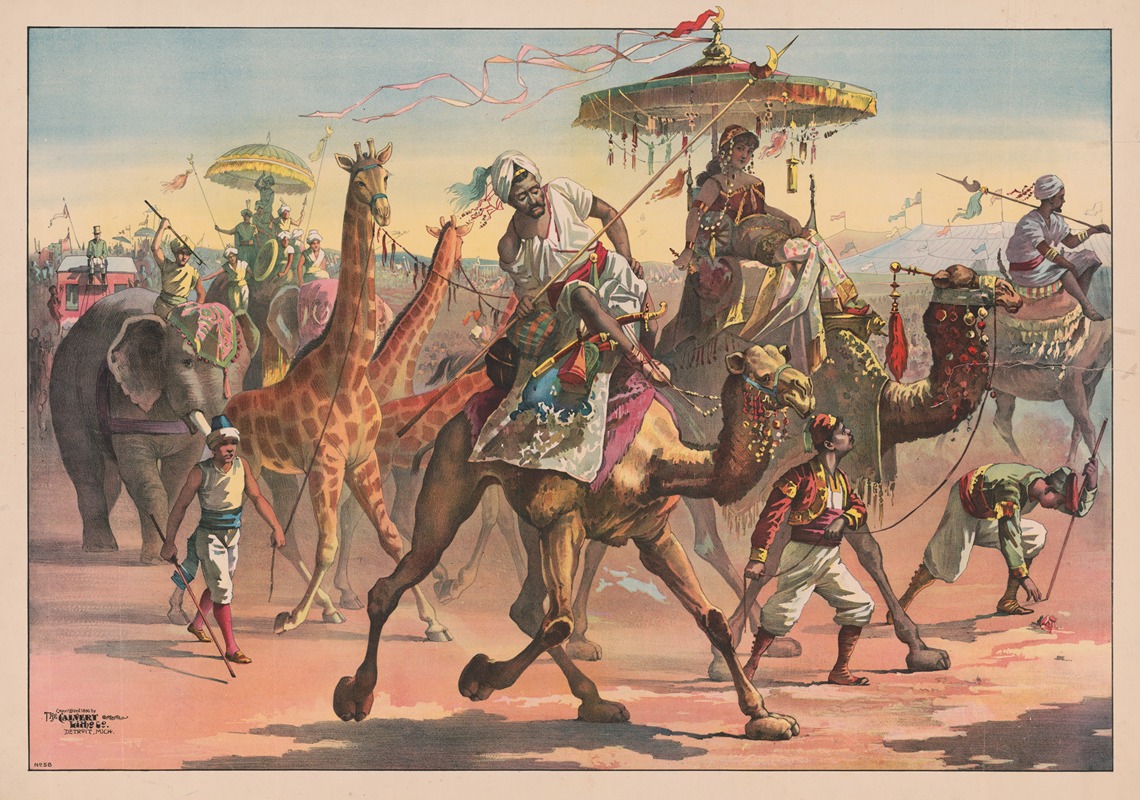 Calvert Litho. Co - Circus troupe with people in exotic dress riding camels, giraffes, elephants