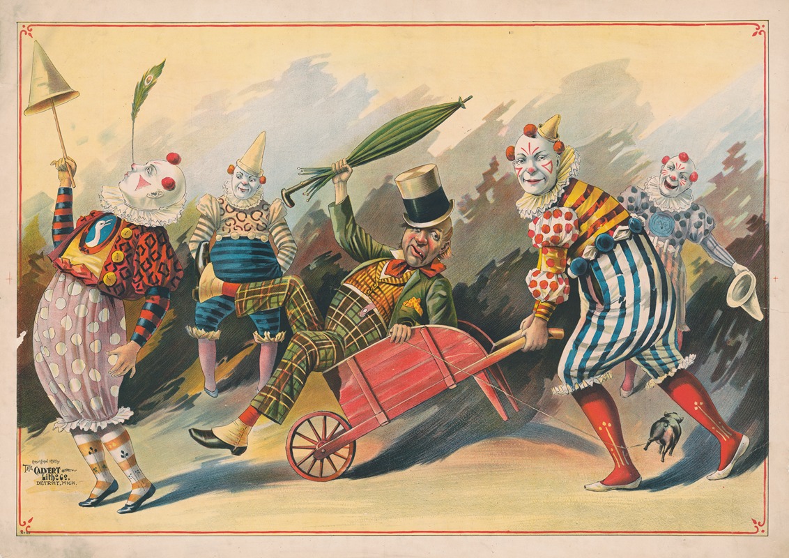 Calvert Litho. Co - Five clowns with one in wheelbarrow