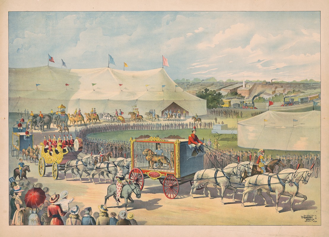 Calvert Litho. Co - Parade with lion in cage on wagon, circus tent in background