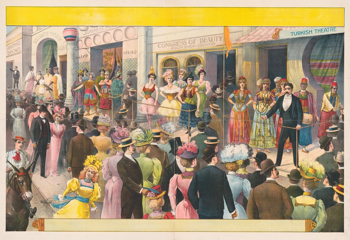 Courier Litho. Co. - Crowds at a circus sideshow viewing women and some men dressed in costumes of foreign lands