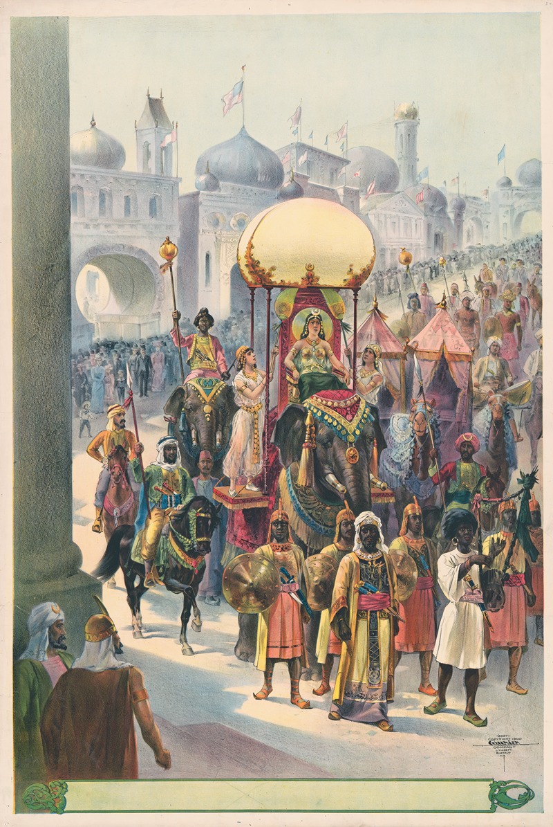 Courier Litho. Co. - Indian parade with queen riding elephant