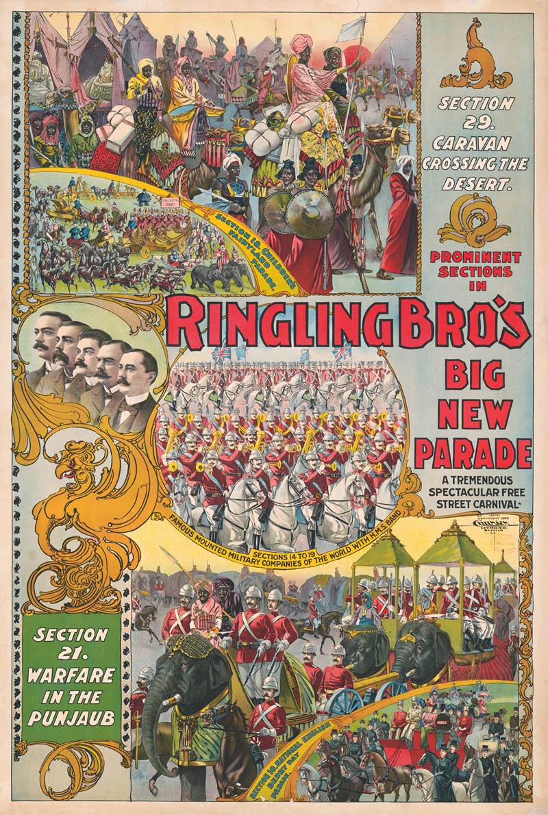 Courier Litho. Co. - Prominent sections in Ringling Bro’s. big new parade. A tremendous spectacular free street carnival