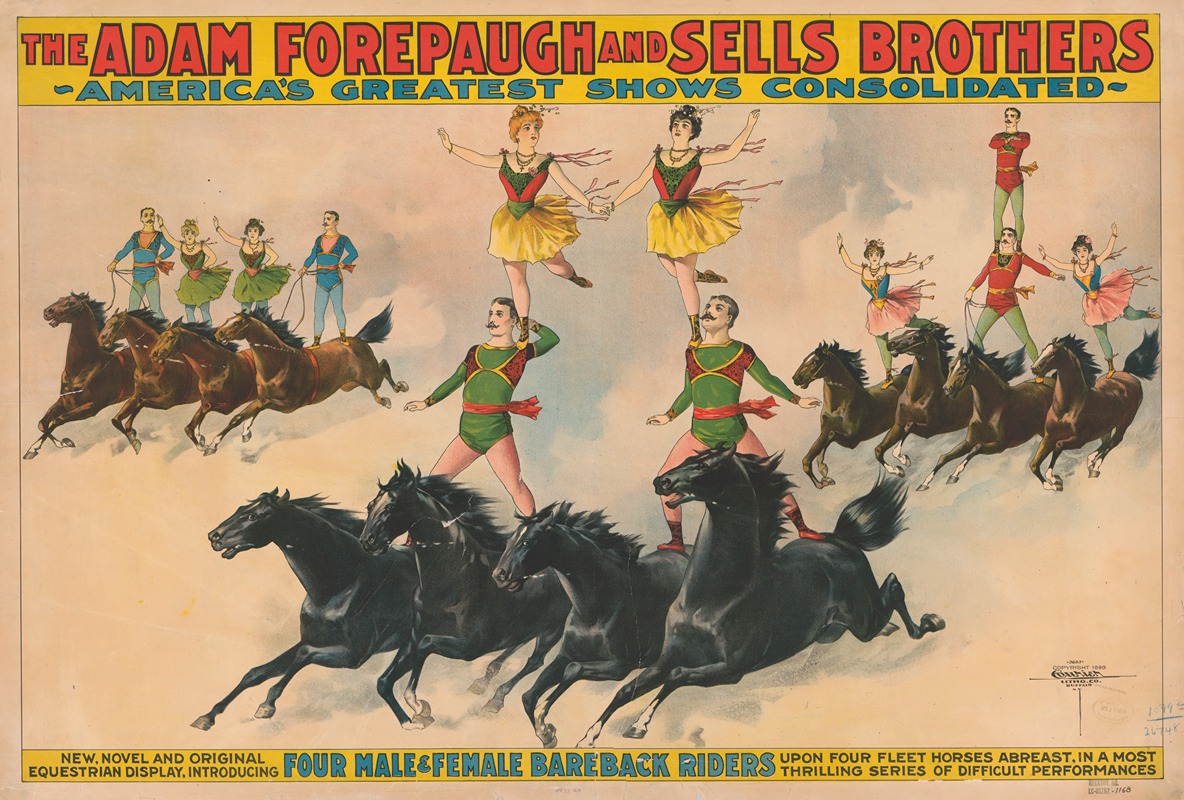 Courier Litho. Co. - The Adam Forepaugh & Sells Brothers America’s greatest shows consolidated. Four male and female bareback riders…