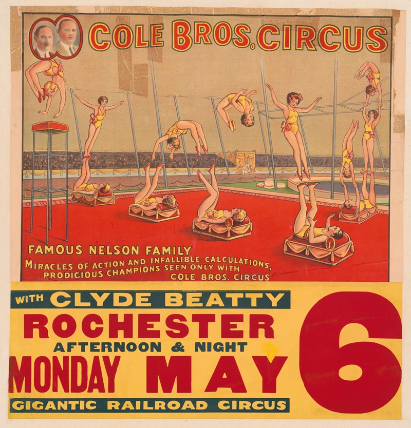 Erie Litho Co. - Cole Bros. Circus. Famous Nelson Family with Clyde Beatty