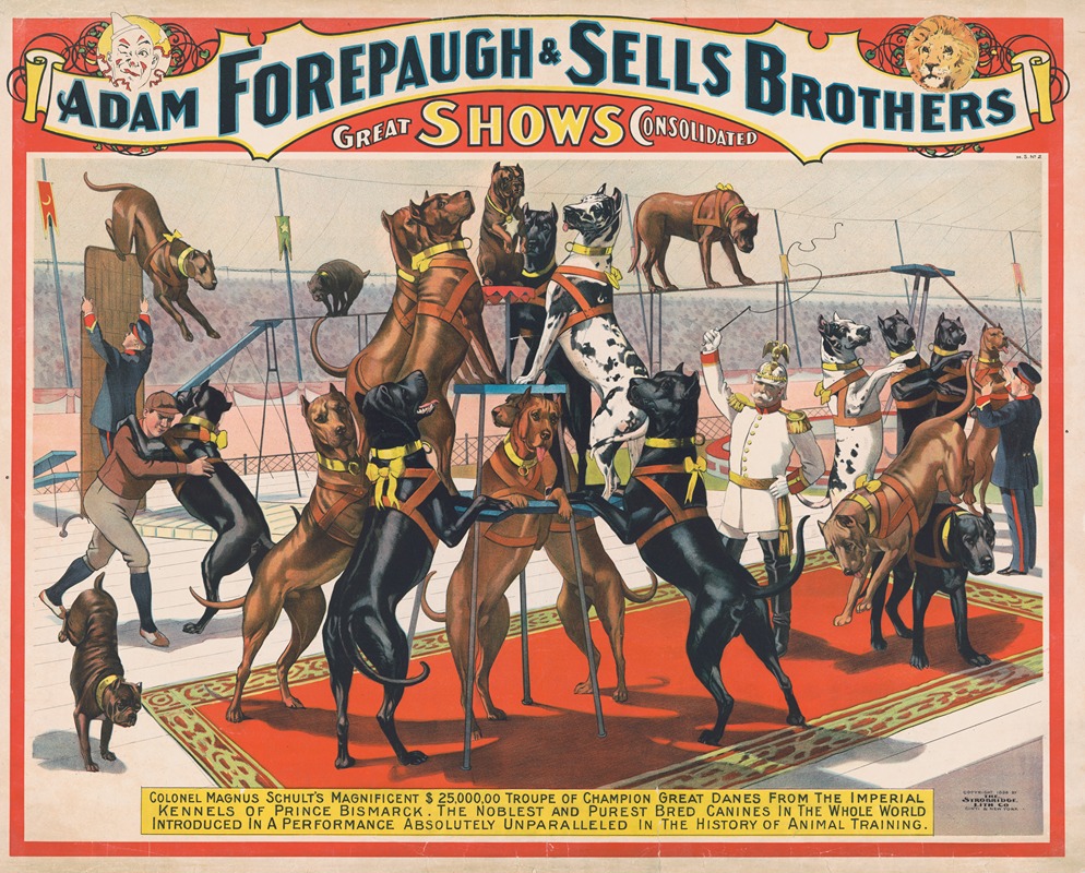 Strobridge & Co. Lith - Adam Forepaugh and Sells Brothers great shows consolidated–Colonel Magnus Schult’s magnificent $25,000,00 (sic) troup of champion great danes