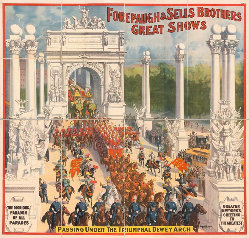 Strobridge & Co. Lith - Forepaugh & Sells Brothers great shows passing under the triumphial Dewey Arch