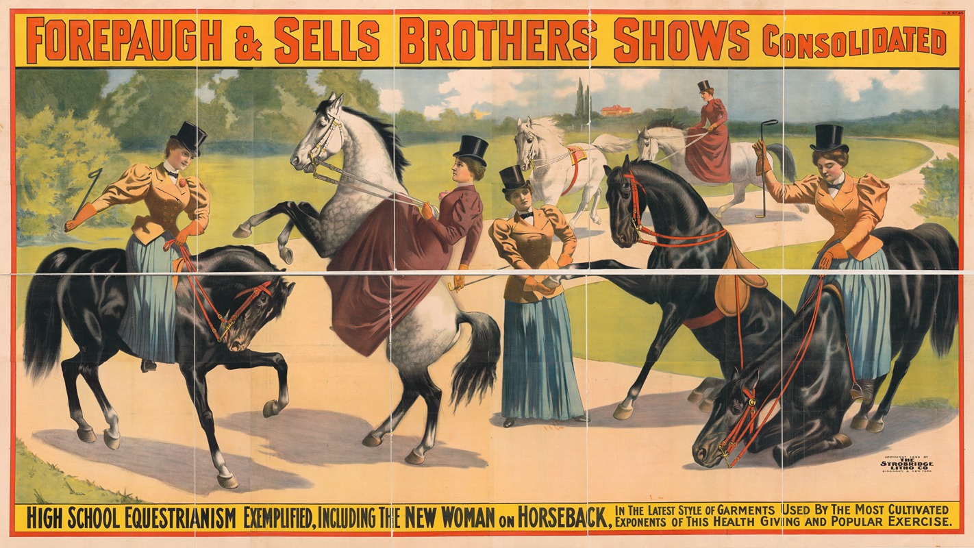 Strobridge & Co. Lith - Forepaugh & Sells Brothers shows consolidated high school equestrianism exemplified, including the new woman on horseback, …