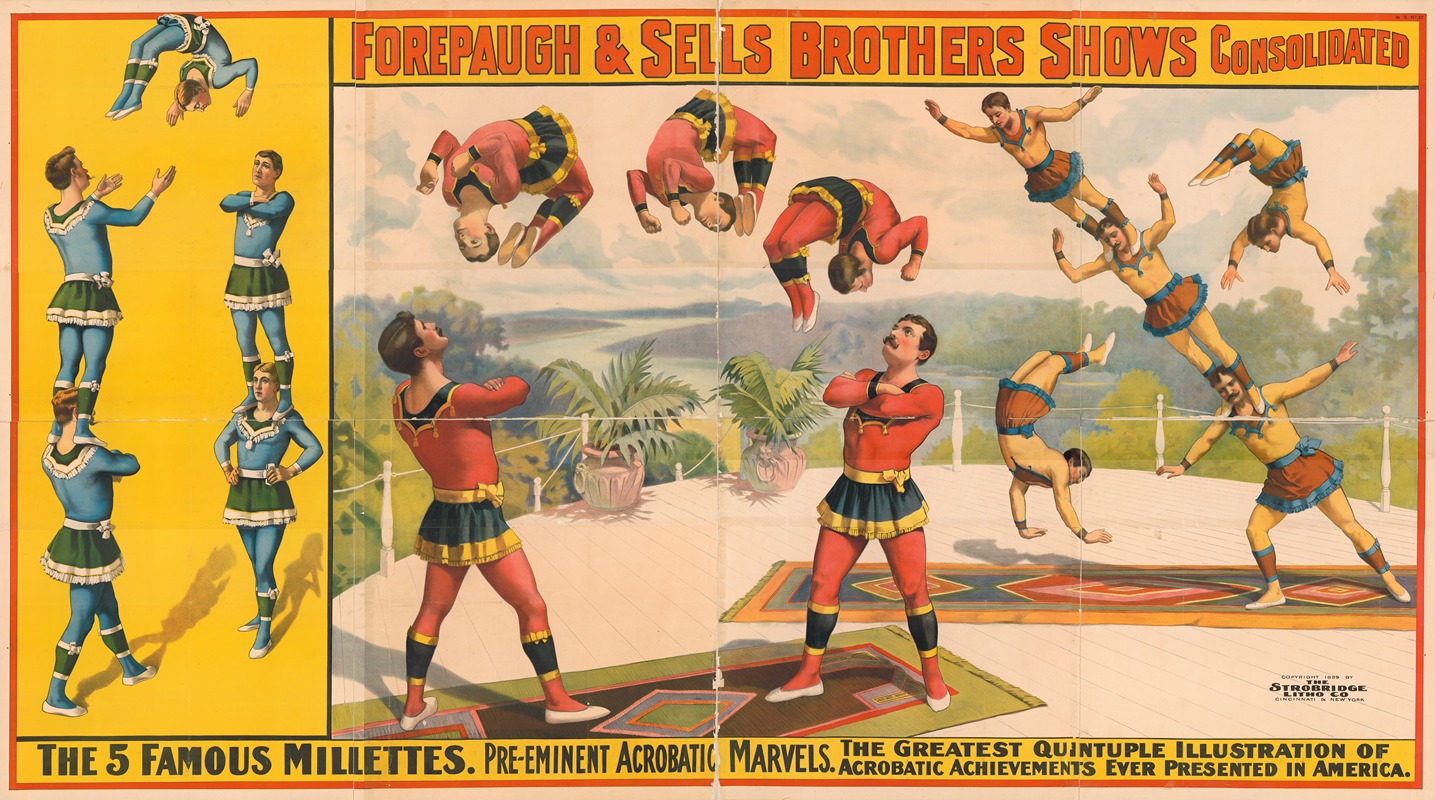 Strobridge & Co. Lith - Forepaugh and Sells Brothers shows consolidated. The 5 famous Millettes. Pre-eminent acrobatic marvels…