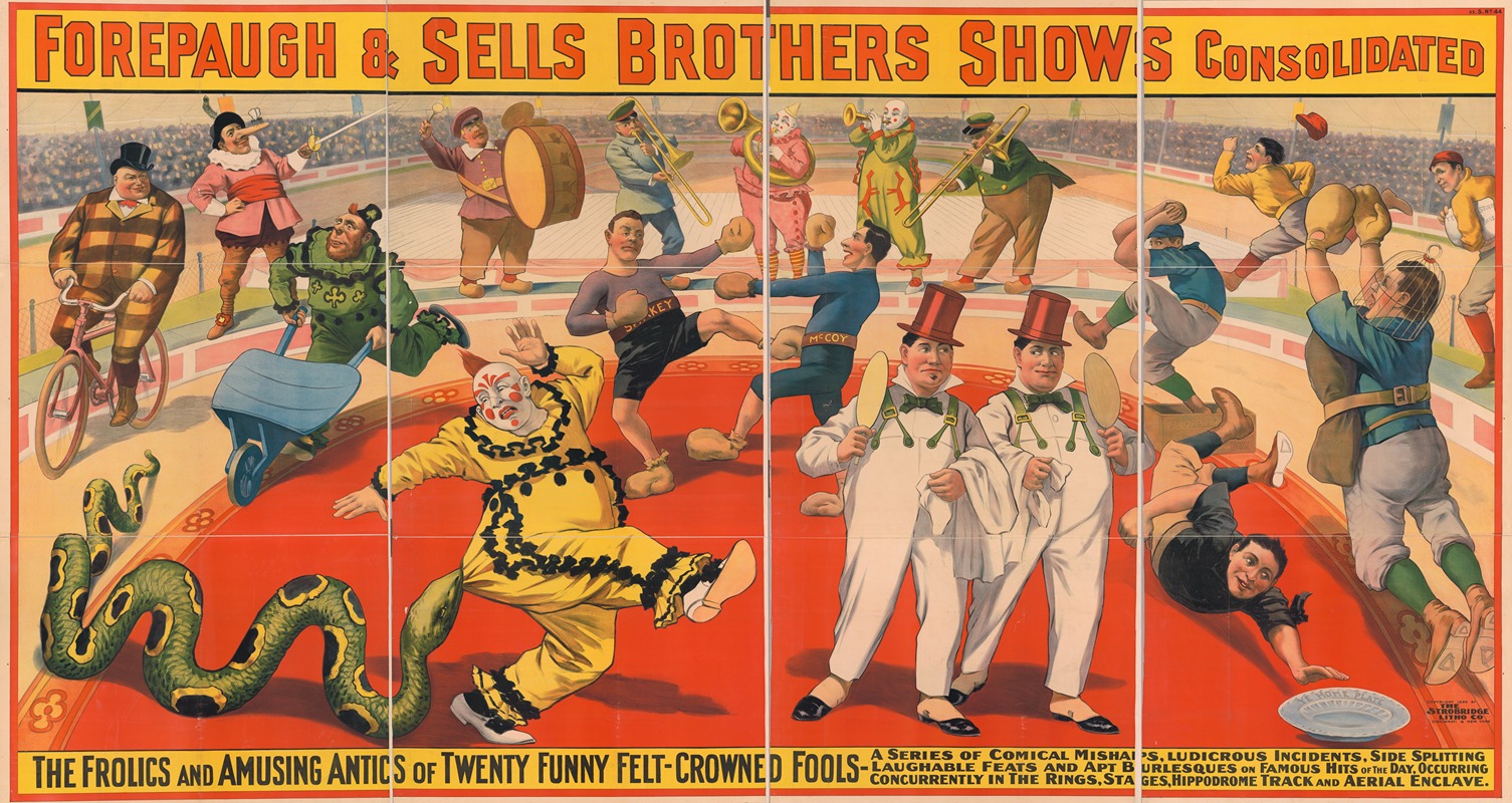 Strobridge & Co. Lith - Forepaugh and Sells Brothers shows consolidated. The frolics and amusing antics of twenty funny felt-crowned fools …