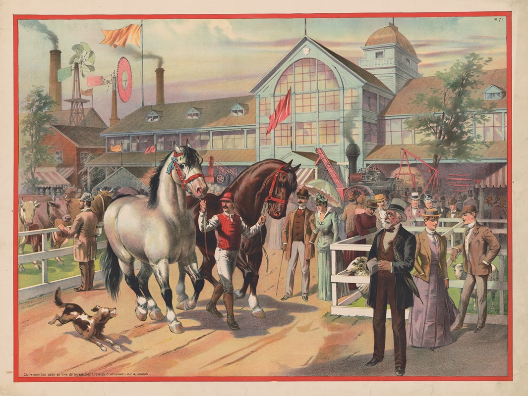 Strobridge & Co. Lith - Horses and jockeys at the fair with building in the background