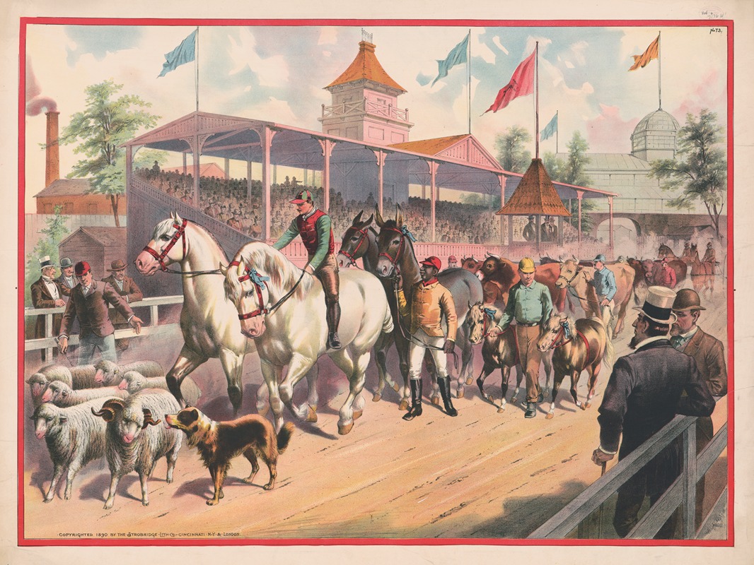 Strobridge & Co. Lith - Procession of horses, sheep, and cows on a race track