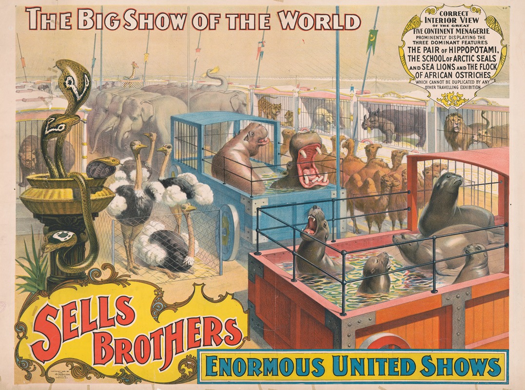 Strobridge & Co. Lith - Sells Brothers enormous united shows. … Correct interior view of the great five continent menagerie …