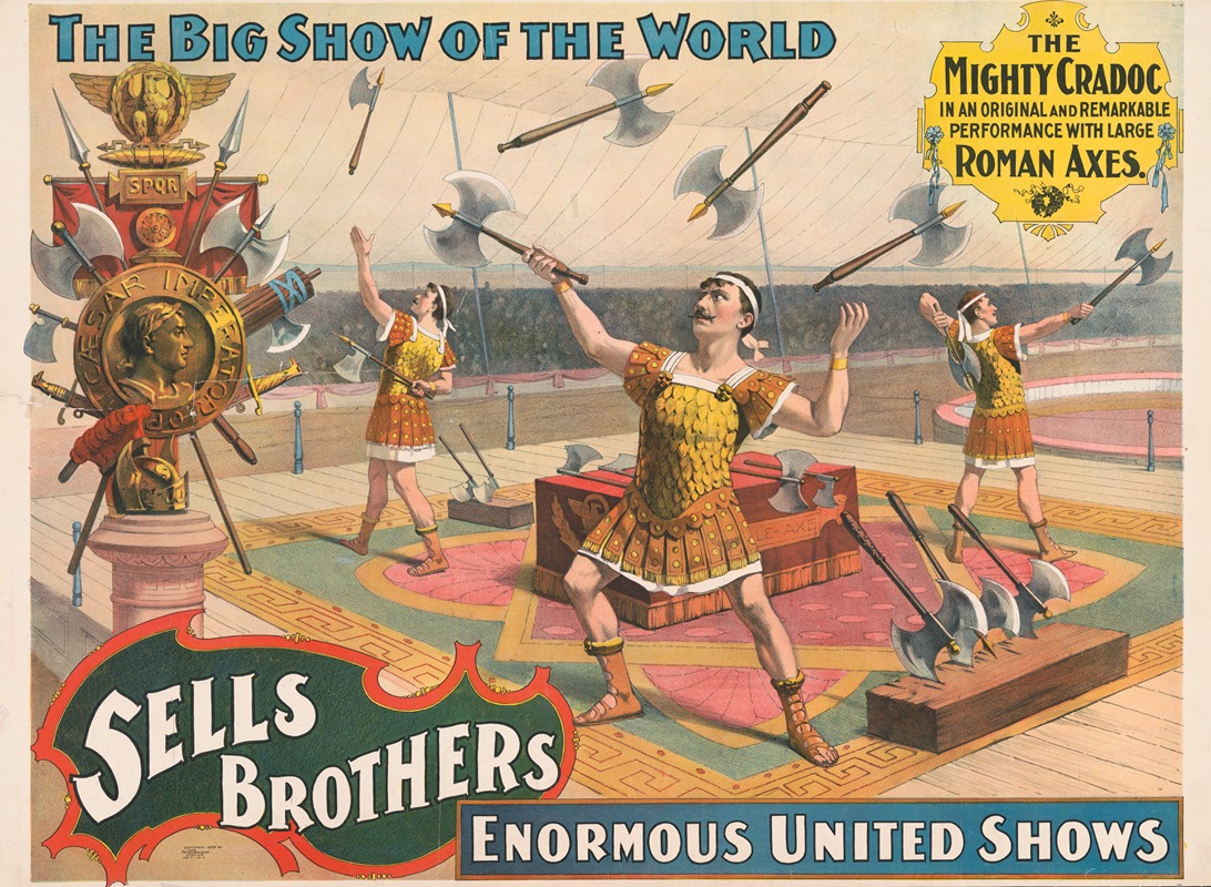 Strobridge & Co. Lith. - Sells Brothers enormous united shows… The mighty cradoc … With large Roman axes