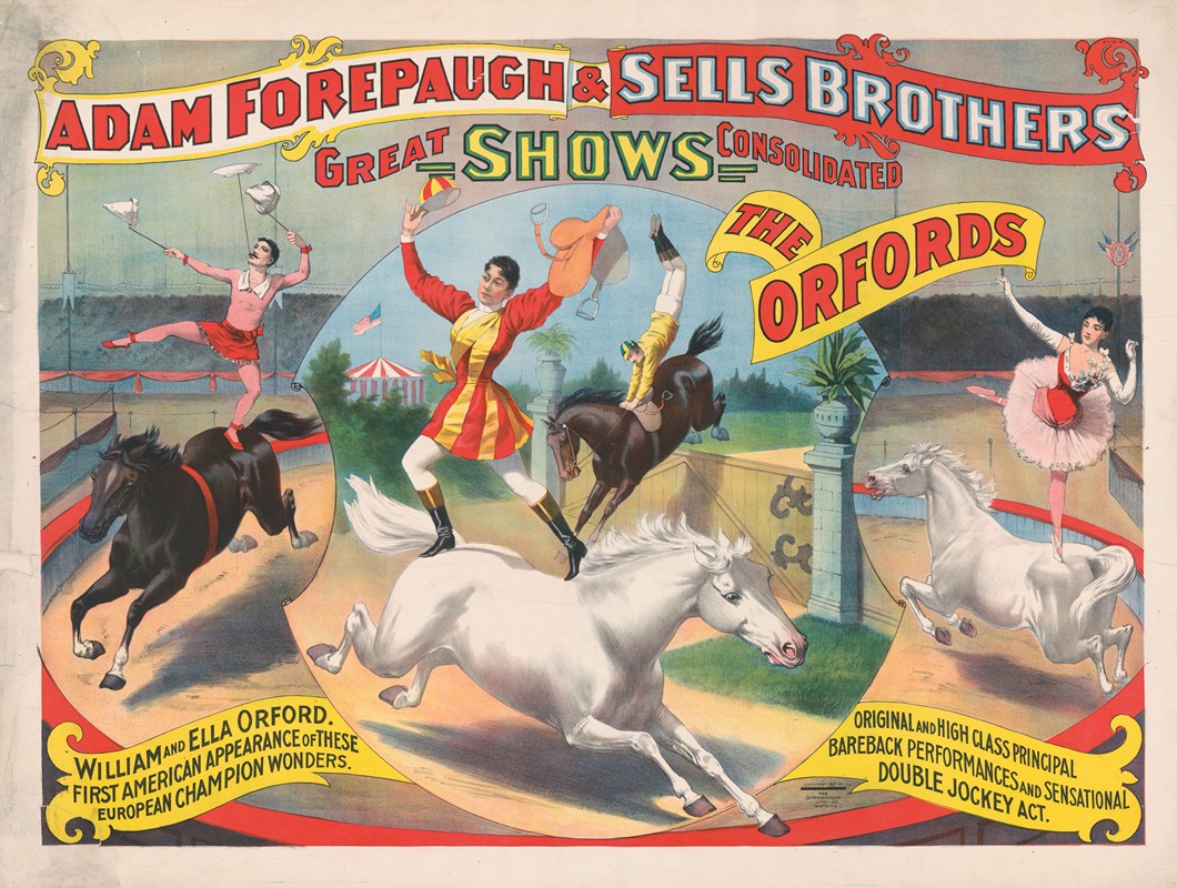 Strobridge & Co. Lith - The Adam Forepaugh & Sells Brothers great shows consolidated. The Orfords. William and Ella Orford