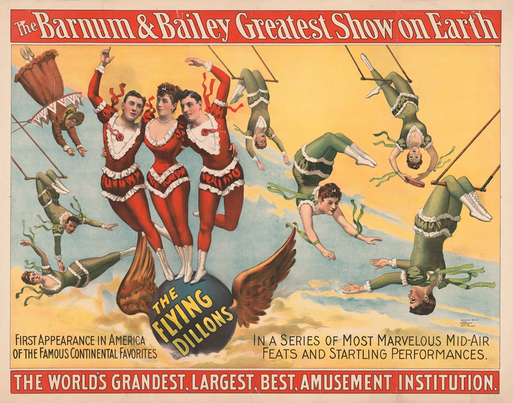 Strobridge & Co. Lith - The Flying Dillons in a series of most marvelous mid-air feats and startling performances