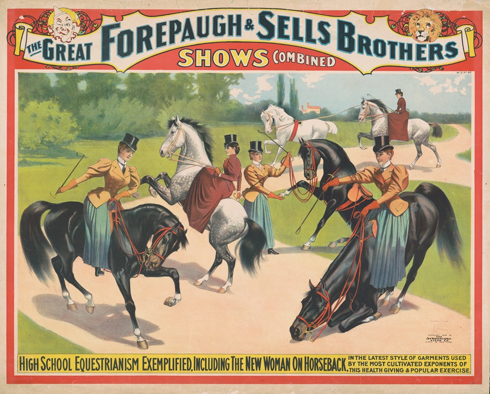 Strobridge & Co. Lith - The great Forepaugh & Sells Brothers shows combined. High school equestrianism exemplified, including the new woman on horseback,…