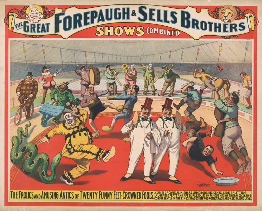 Strobridge & Co. Lith - The Great Forepaugh & Sells Brothers shows combined. The frolics and amusing antics of twenty funny felt-crowned fools. …