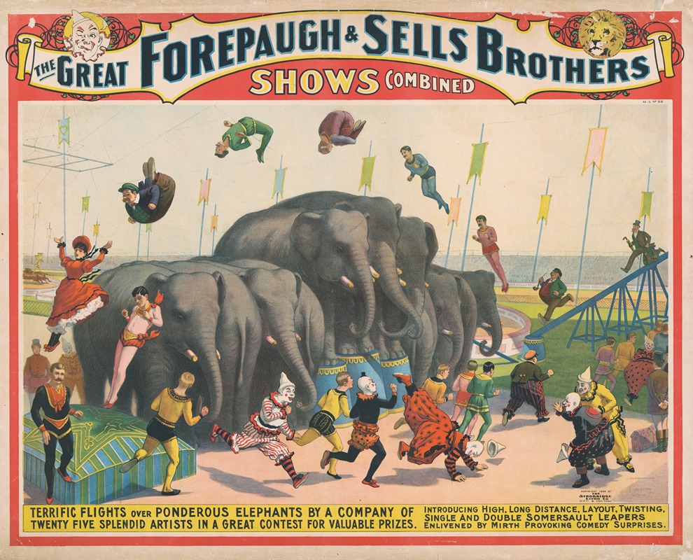 Strobridge & Co. Lith - The great Forepaugh & Sells Brothers shows combined–Terrific flights over ponderous elephants