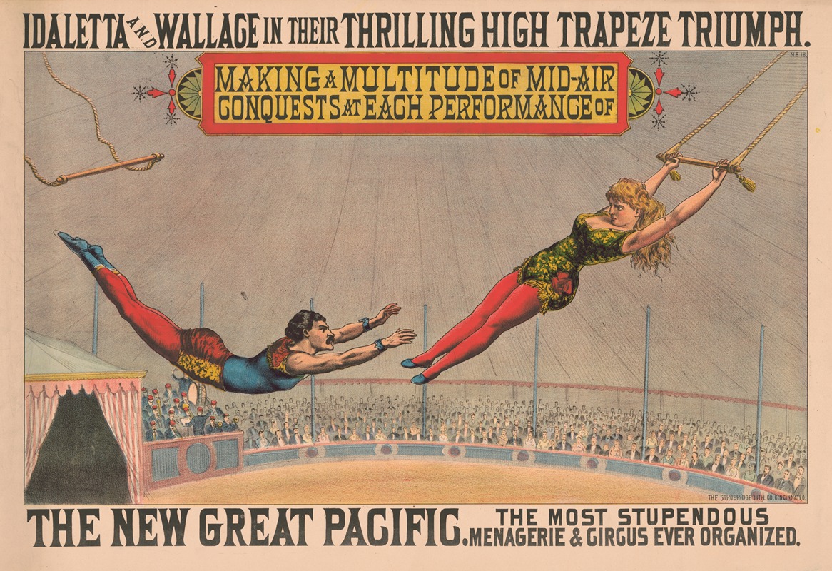 Strobridge & Co. Lith - The most stupendous menagerie & circus ever organized. Idaletta & Wallace in their thrilling high trapeze triumph…