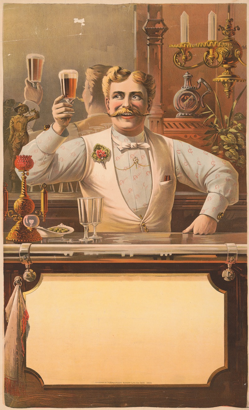 Henderson-Achert Litho. Co. - Bartender standing behind a bar, holding up a glass of beer in his right hand