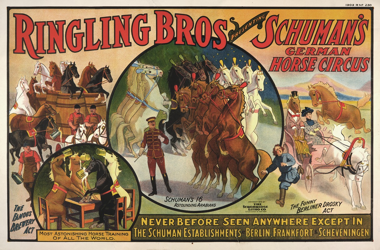 Strobridge & Co. Lith. - Ringling Bros presenting Schuman’s German horse circus poster