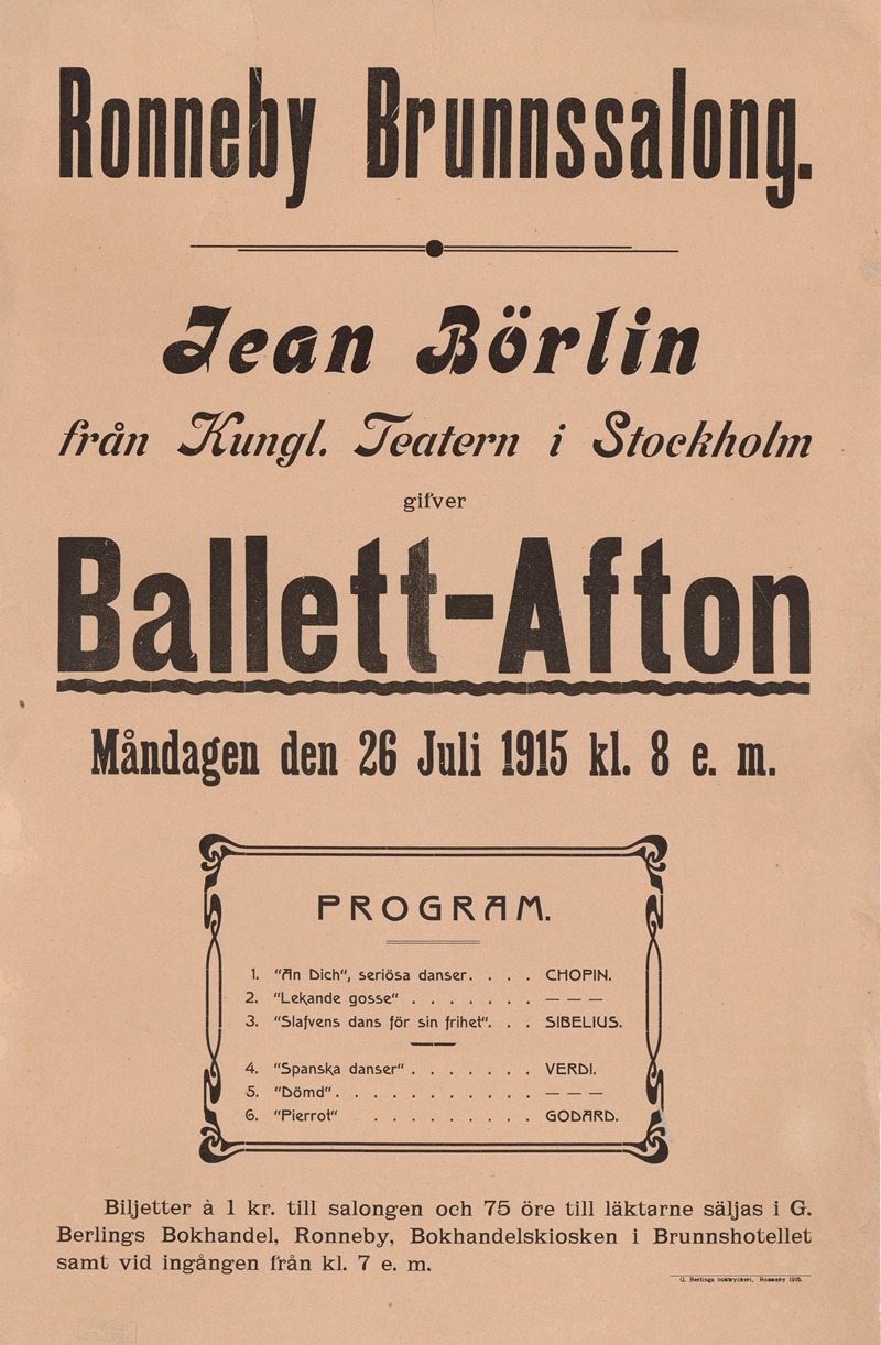 Anonymous - Ronneby Brunnssalong, Jean Börlin, från Kungl. Teatern i Stockholm, gifver ballett-afton