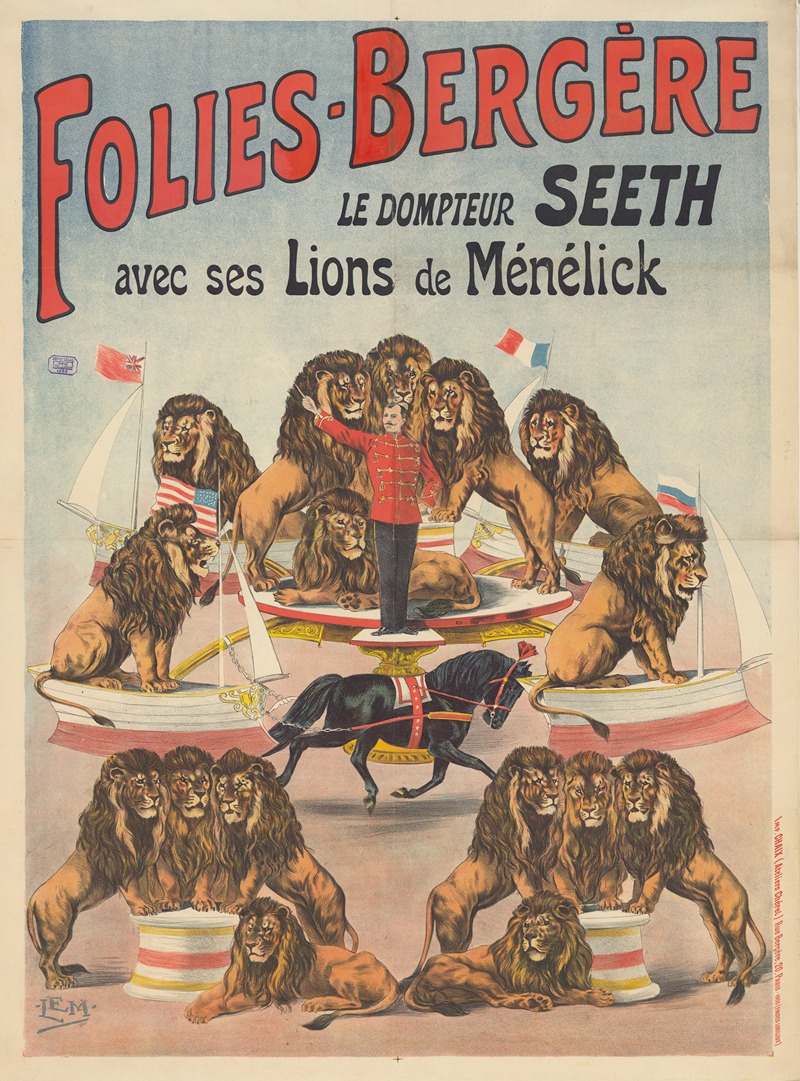 Imp. Chaix - Folies-Bergère. Le dompteur Seeth avec ses lions de Ménélick