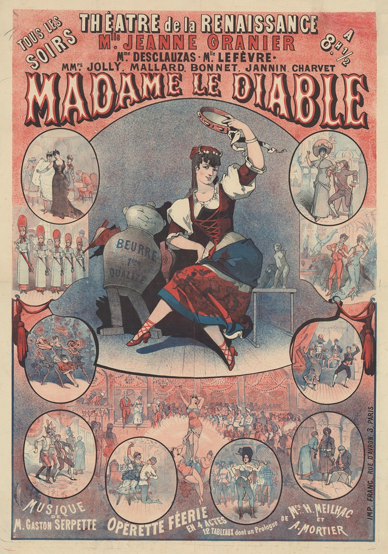 Imp. Franc - Théâtre de la Renaissance. Mlle Jeanne Granier… Madame le diable. Musique de Gaston Serpette