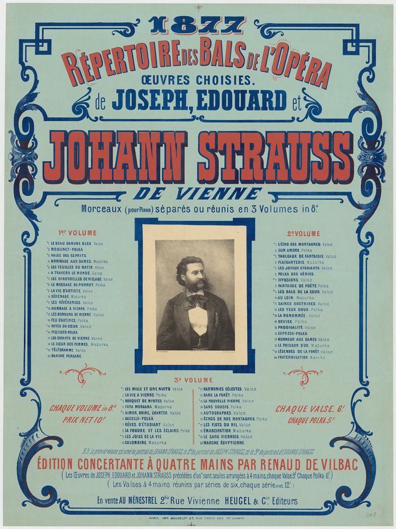 Imp. Moucelot - 1877. Répertoire des bals de l’Opéra. Oeuvres choisies de Joseph, Edouard et Johann Strauss, de Vienne