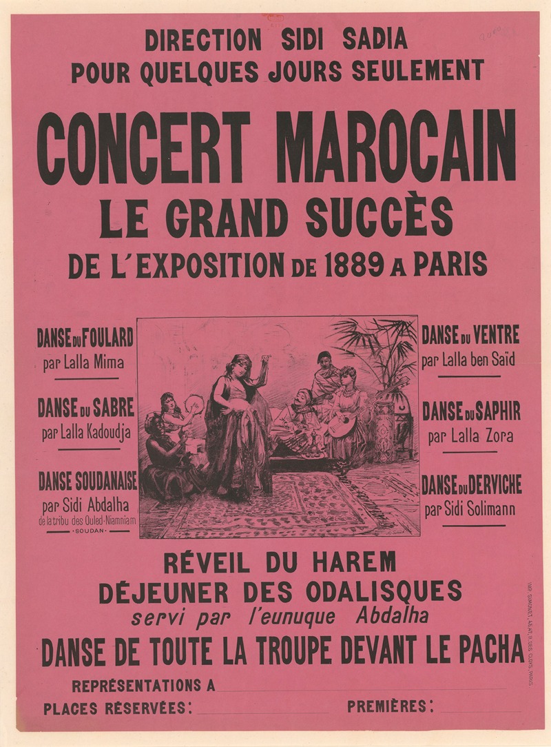 Imp. Simonet - Concert marocain, le grand succès de l’Exposition de 1889 à Paris …, réveil du harem, déjeuner des odalisques