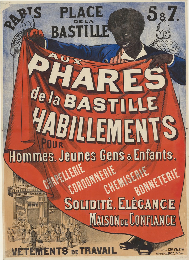 Lith. Van Geleyn - Place de la Bastille. Aux phares de la Bastille, Habillements pour Hommes, Jeunes Gens & Enfants