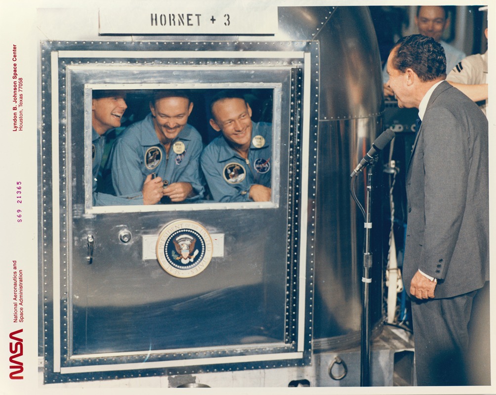 NASA - President Richard M. Nixon Welcomes the Apollo 11 Astronauts Aboard Recovery Ship USS Hornet