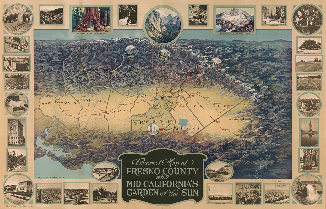 Schmidt Litho. Co - Pictorial map of Fresno County and mid-California’s Garden of the Sun