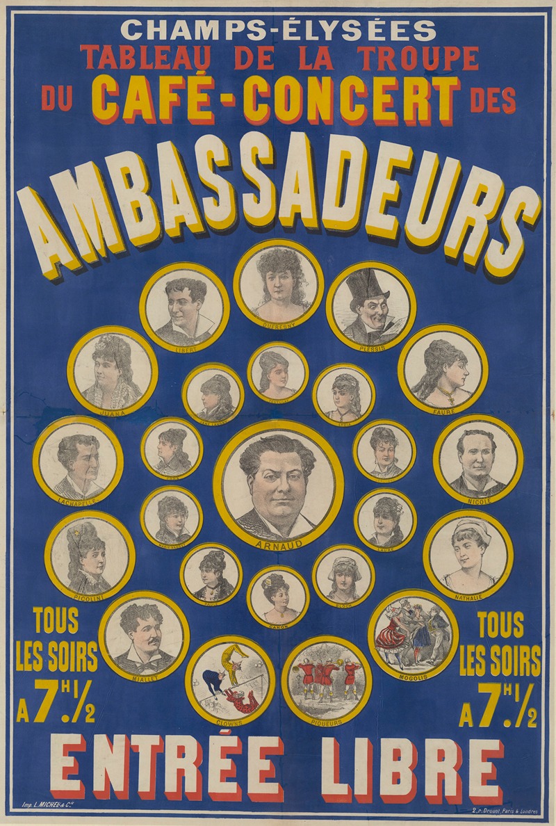 Imp L. Michel & Cie - Champs-Elysées. Tableau de la troupe du Café-concert des Ambassadeurs – tous les soirs à 7h 1-2. Entrée libre