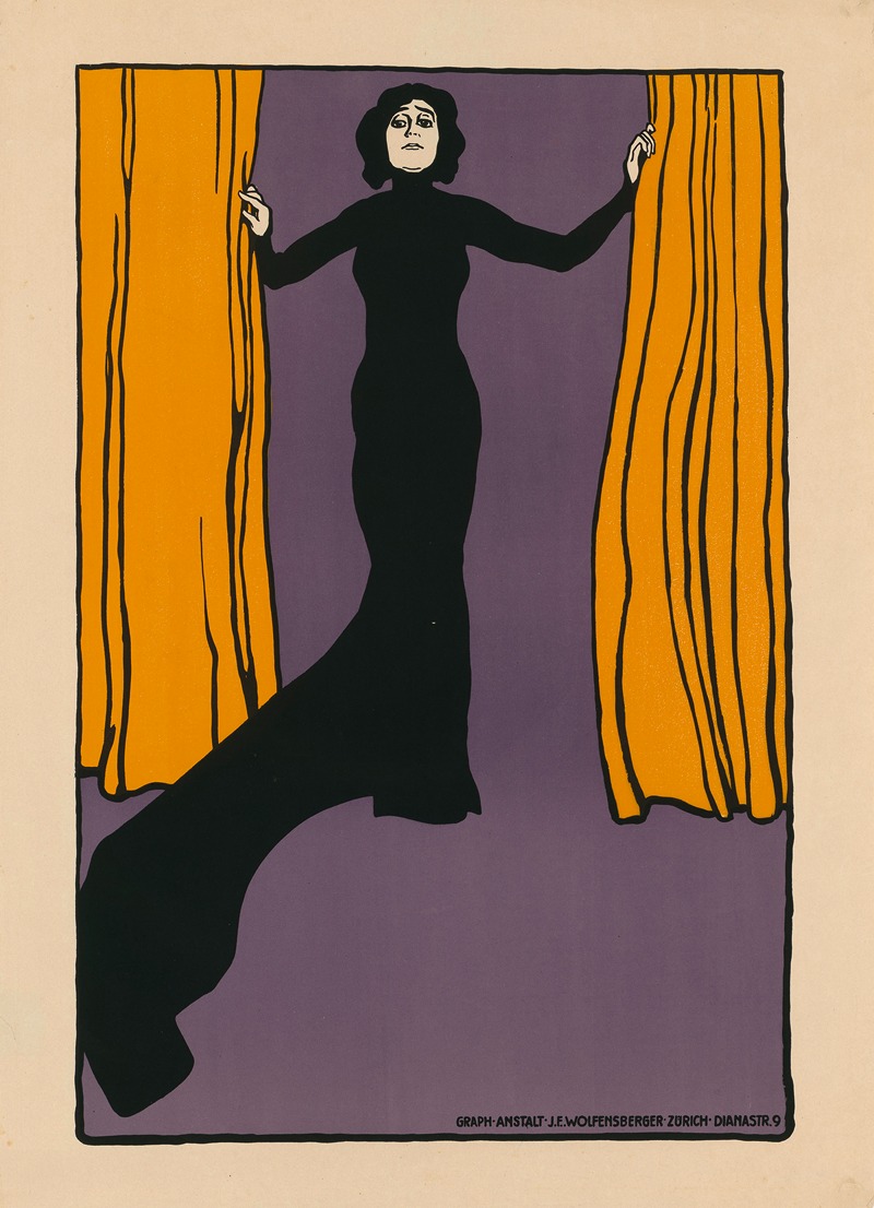 J. E. Wolfensberger - Frau in schwarzem Kleid zwischen Vorhang stehend