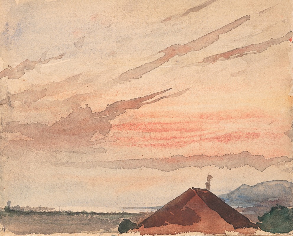 Albert Anker - Blick über ein Hausdach auf das Nordostende des Neuenburger Sees bei Abenddämmerung