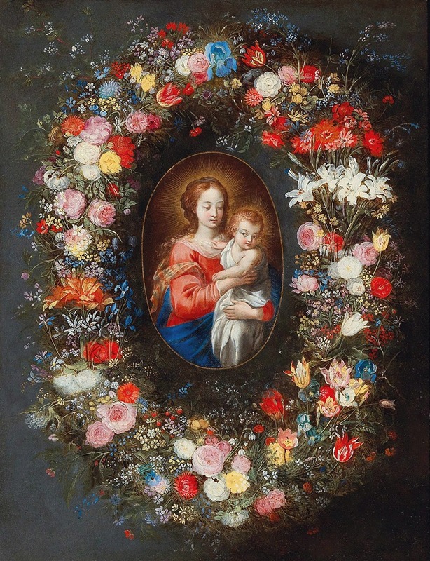 Jan Brueghel the Younger - The Madonna and Child surrounded by a floral garland